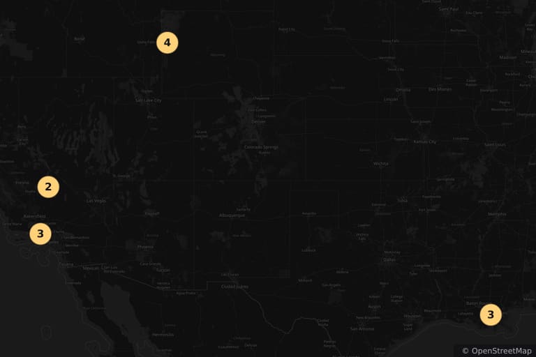Map of the filming locations of Django Unchained (2012)
