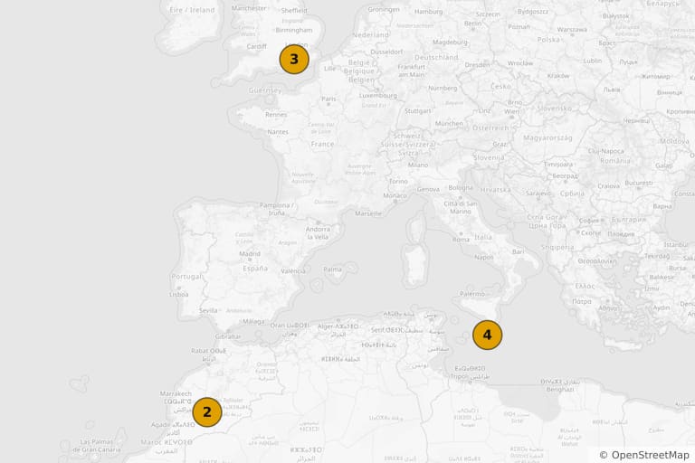 Map of the filming locations of Gladiator II (2024)