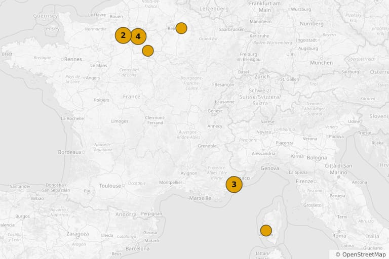 Map of the filming locations of Napoleon (1955)